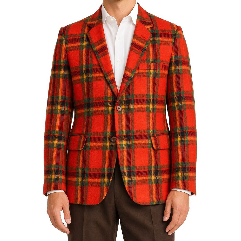 Mens Lambswool Blazer 44R Orange Green Tartan Plaid Sport Coat Jacket Preppy
